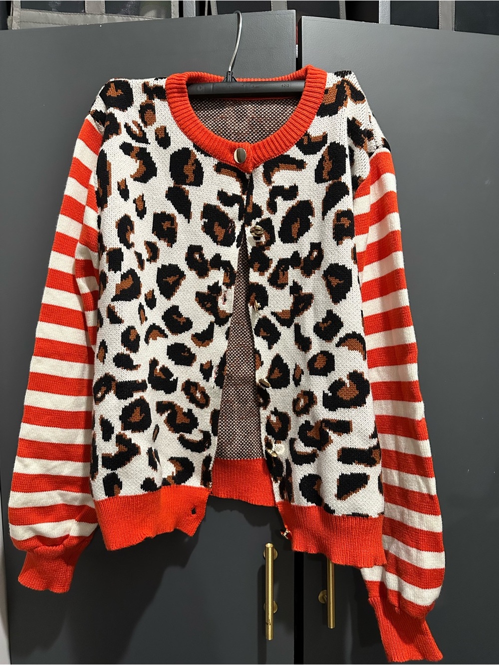 Leopard & Stripe Knit Cardigan Sweater - Red/White